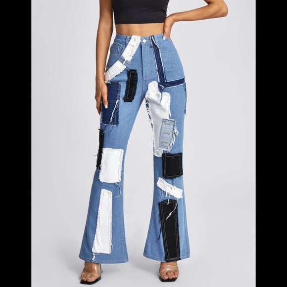 NEW High-Waisted Flare Leg Denim Jeans with Patches - Size M (6) & Size L (8/10) - Picture 5 of 7